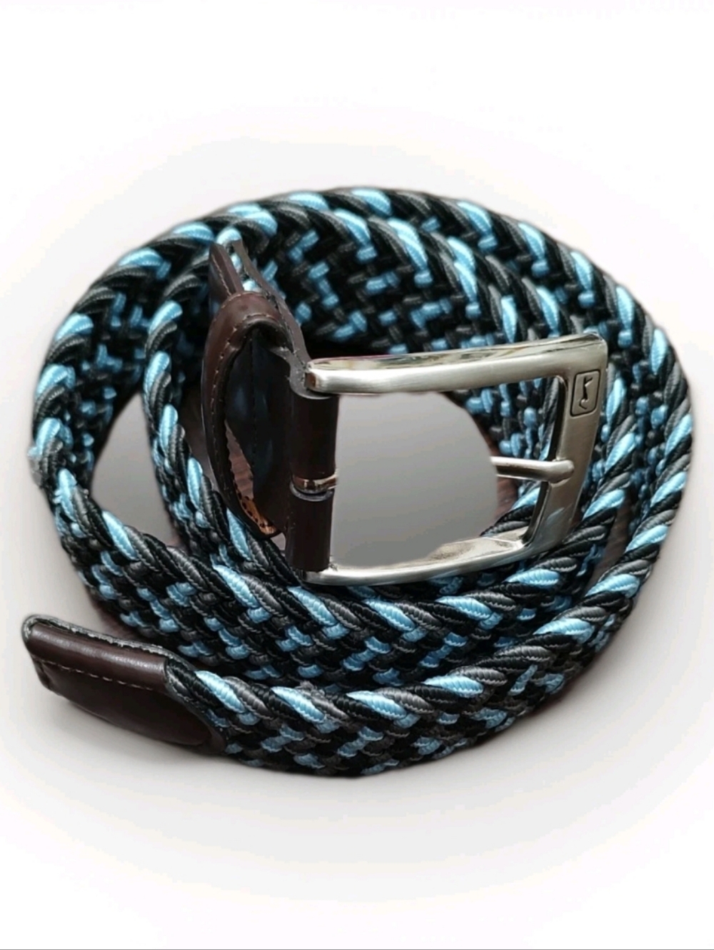 PGA Tour Blue Braided Stretchy Brown Leather Trim Casual Golf Belt Mens M 36-38